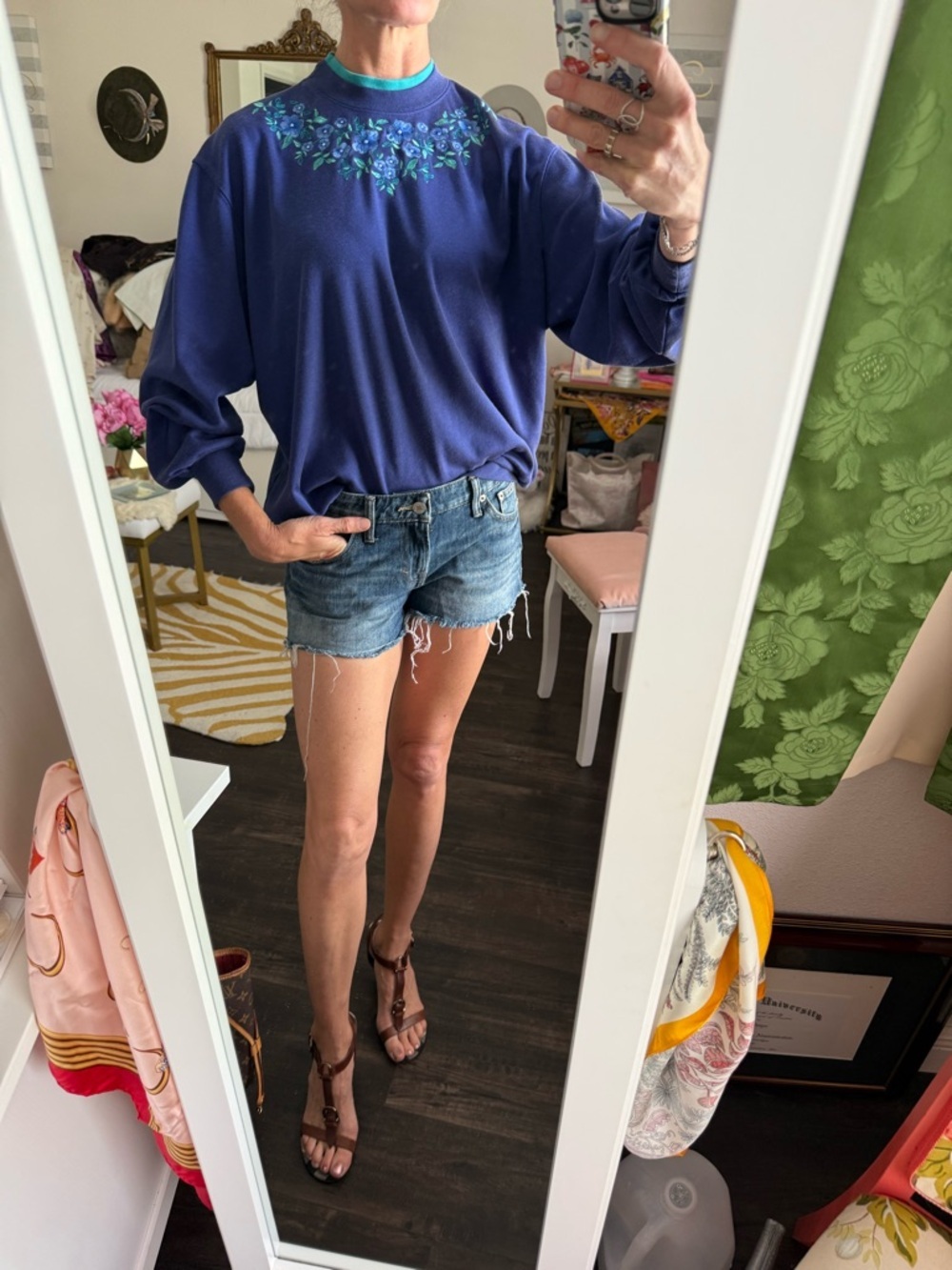 Vintage Coastal Granny Floral Embroidered Sweatshirt Blue Cottagecore Mock Neck - Picture 2 of 7